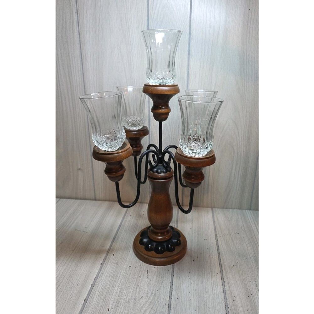 Vtg 60s/70s Wood And Wrought Iron Candelabra 5 Arm Gothic Candle Votives 19.5”